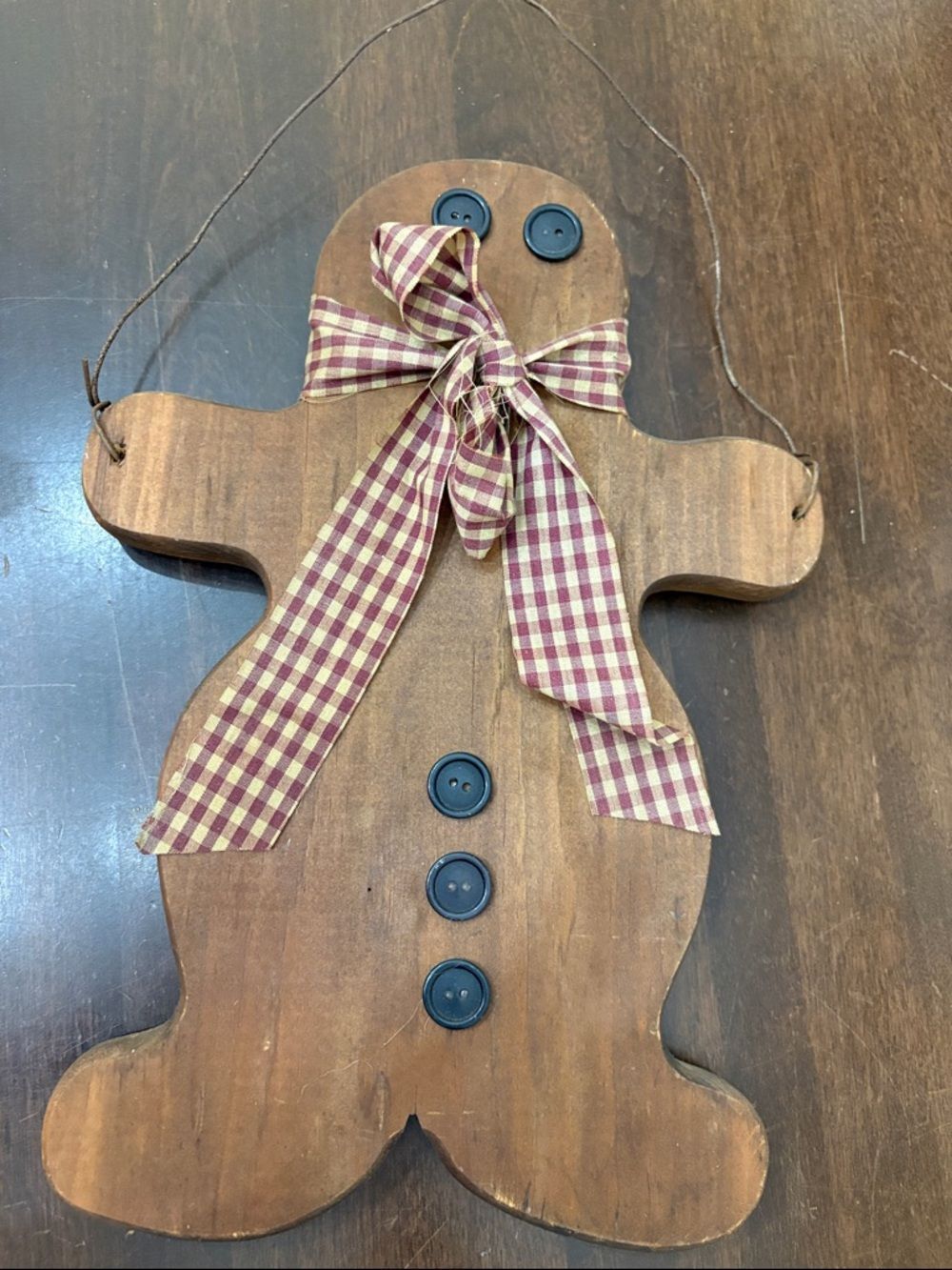 Rustic Wooden Gingerbread Man Wall Hanging with Burgundy Gingham Bow